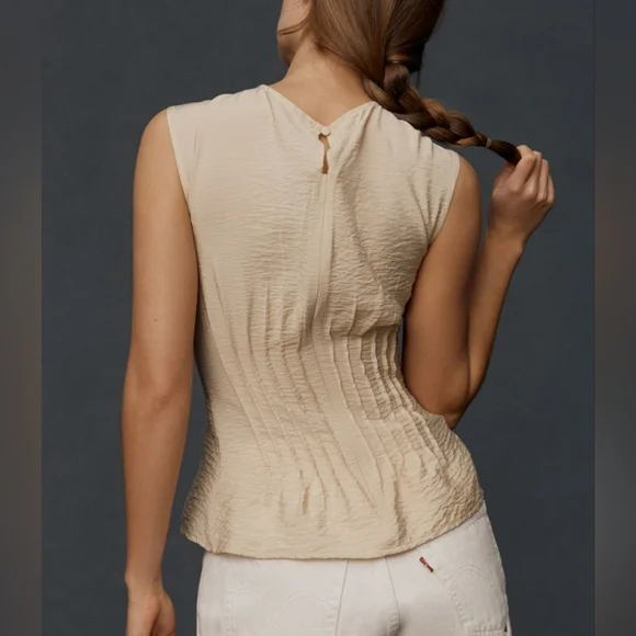 NWT ANTHRO | The Della Pleated Shell Top (Beige) - Picture 4 of 8
